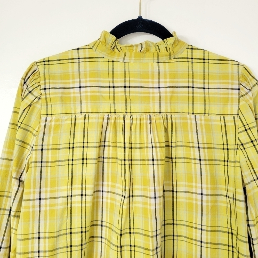 Loft Women's Yellow Plaid Long Sleeve Button Up Ruffle Shirt Size Large - Picture 6 of 12